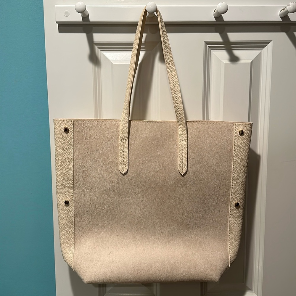 Beige faux suede and leather tote